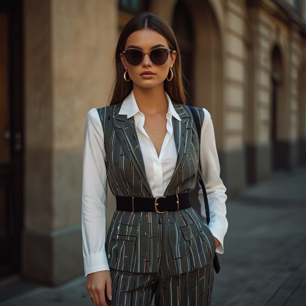 Textured shawl enhances outfit.